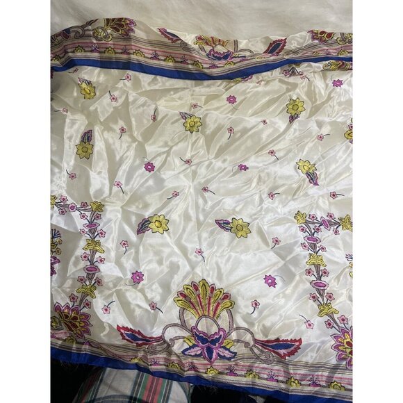 Large Square Satin Scarf With Multicolor Floral Pattern & Blue Border - Picture 3 of 6